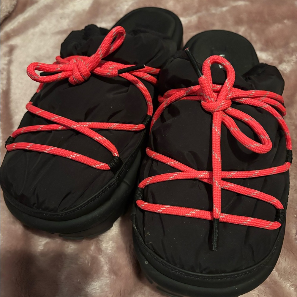 UGG Black Slippers with Vibrant Pink Laces